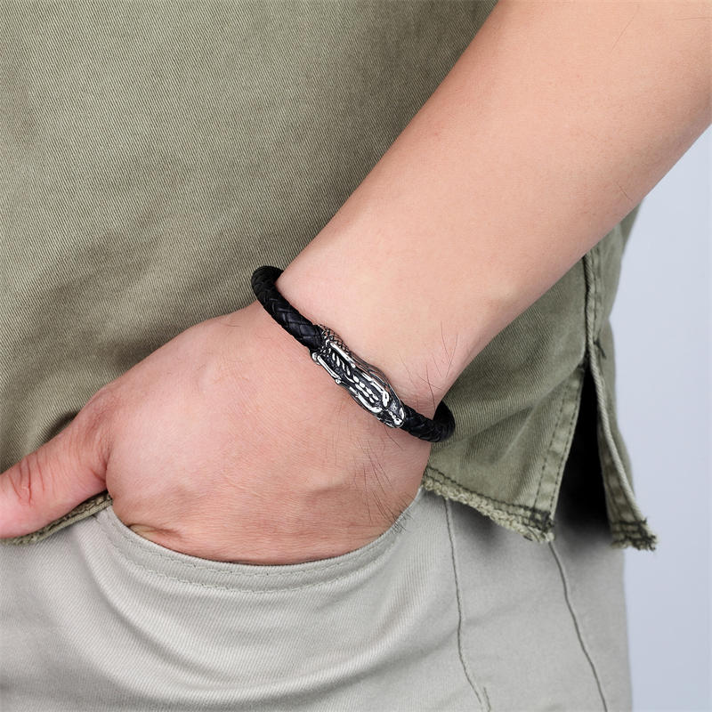 KarmaRipple's Dragon Leather Titanium Steel Fortune Woven Bracelet Bangle ( p3