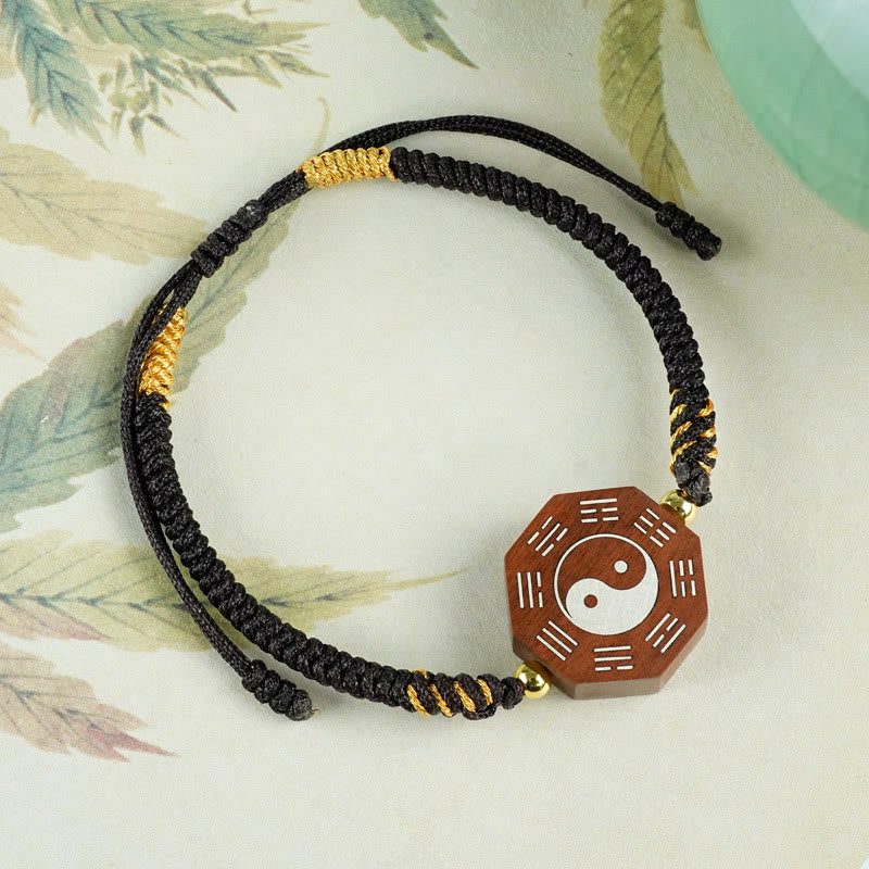 KarmaRipple's Small Leaf Red Sandalwood Jujube Wood Ebony Wood Silver Inlaid Yin Yang Bagua Big Dipper Protection Bracelet p23