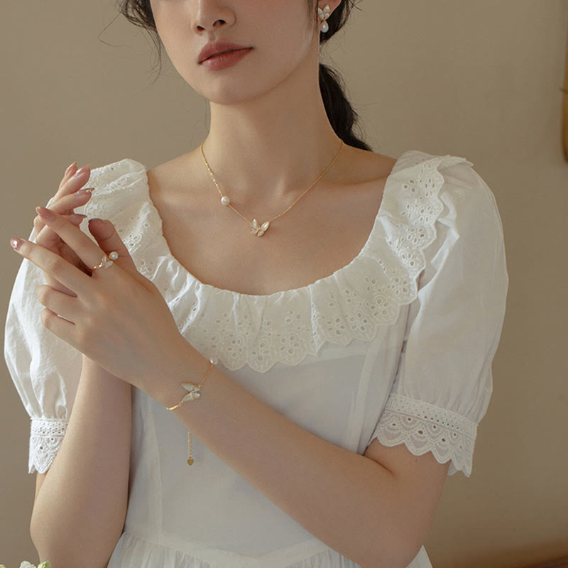 KarmaRipple's 14K Gold Plated Bronze Pearl Tridacna Stone Butterfly Blessing Ring Bracelet Pendant Necklace Earrings Set p6