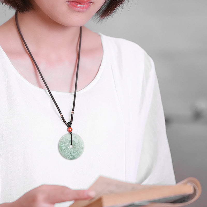 KarmaRipple's Round Jade Peace Buckle Peony Flower Abundance Pendant Necklace p3