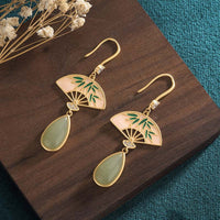 KarmaRipple's Authentic Green Aventurine Fan Pattern Fortune Drop Earrings