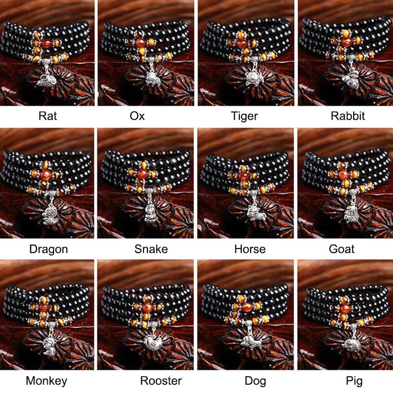 KarmaRipple's Chinese Zodiac 108 Beadwork Black Obsidian Tiger Eye Fortune Mala Bracelet p25