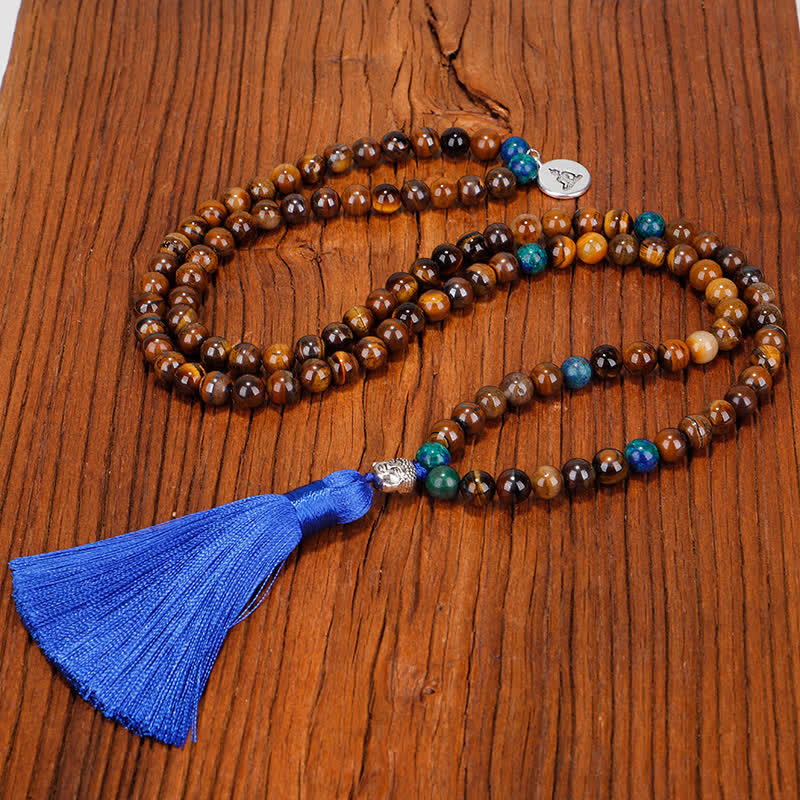 KarmaRipple's 108 Mala Beadwork Tiger Eye Buddha Strength Bracelet Tassel Pendant Necklace p5