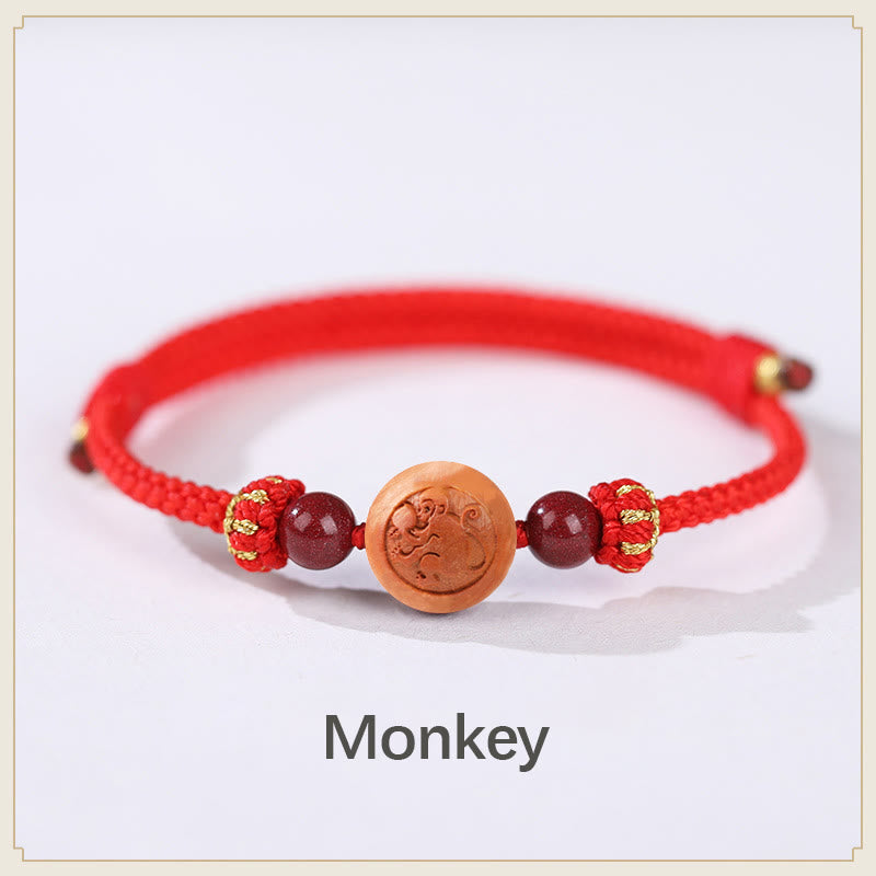 KarmaRipple's Authentic Peach Wood Chinese Zodiac Fu Character Carved Cinnabar Wealth Bracelet p39