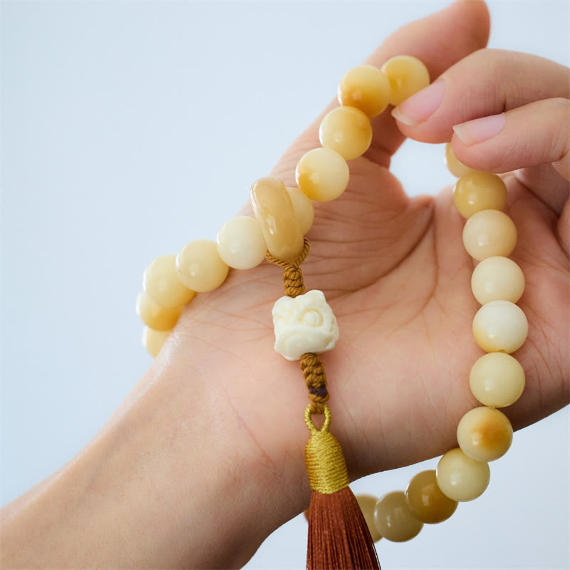 KarmaRipple's Authentic Bodhi Seed Ivory Fruit Dancing Lion Talisman Balance Tassel Wrist Mala p2