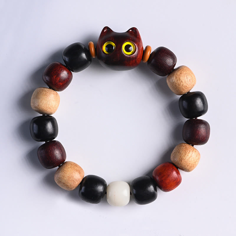 KarmaRipple's Small Leaf Red Sandalwood Ebony Wood Cute Cat Engraved Protection Bracelet p2