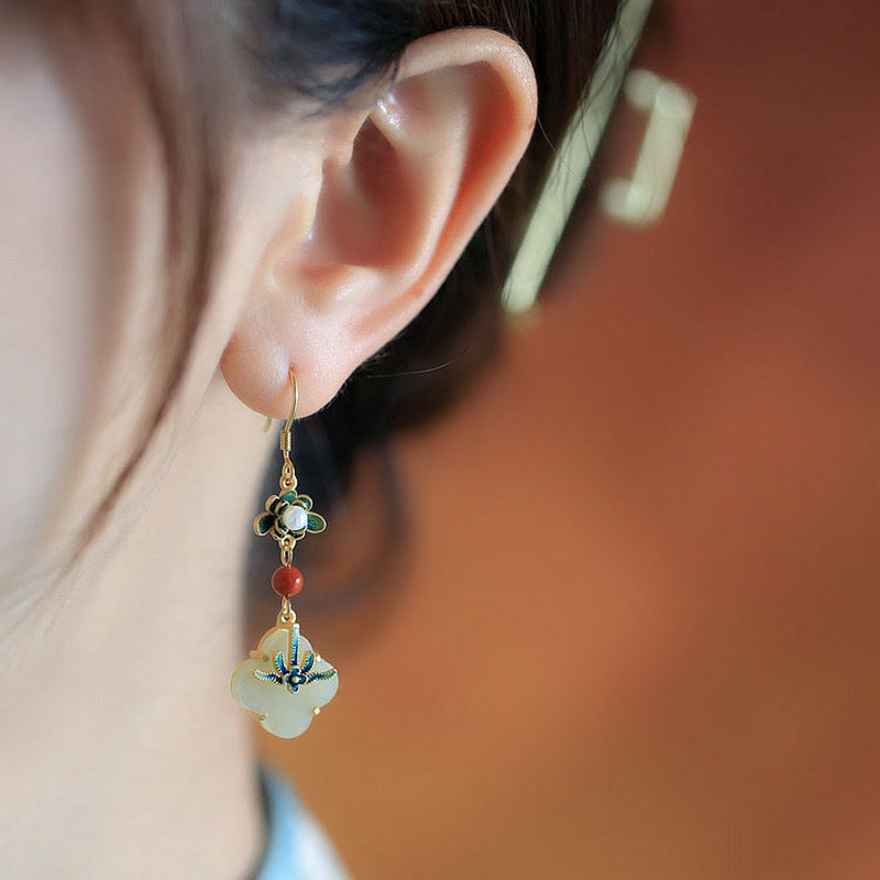 KarmaRipple's Fortunate Four Leaf Clover Jade Abundance Bronze Earrings p3