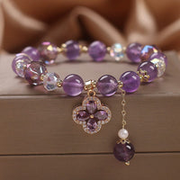 KarmaRipple's Authentic Amethyst Gemstone Four Leaf Clover Spiritual Balancing Bracelet