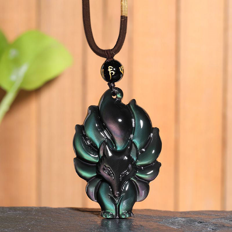 KarmaRipple's Authentic Rainbow Obsidian Gold Sheen Obsidian Nine Tailed Fox Positive Pendant Necklace p1