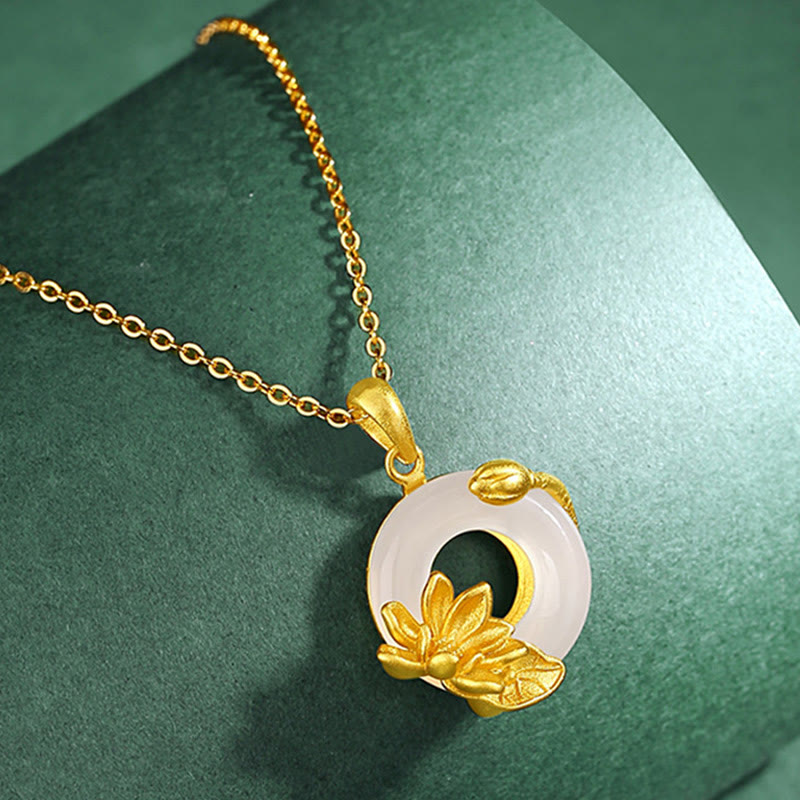 KarmaRipple's Authentic Ivory Chalcedony Peace Buckle Lotus Necklace S925 Sterling Silver Pendant p2