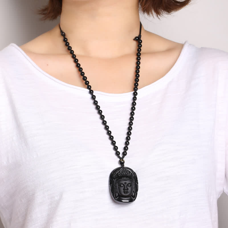 KarmaRipple's Authentic Black Obsidian Kwan Yin Avalokitesvara Strength String Pendant Necklace p3