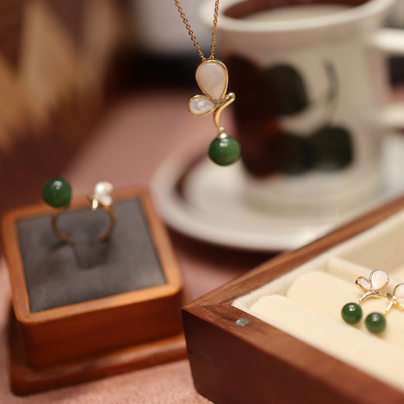 KarmaRipple's Authentic Butterfly Tridacna Stone Cyan Jade Bronze Plated Gold Calm Pendant Necklace Ring Earrings Set p5