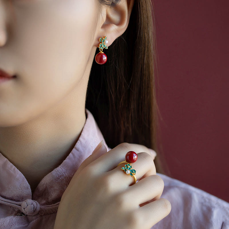 KarmaRipple's 925 Sterling Silver Plated Gold Cinnabar Pearl Flower Blessing Pendant Necklace Earrings Ring Set p15