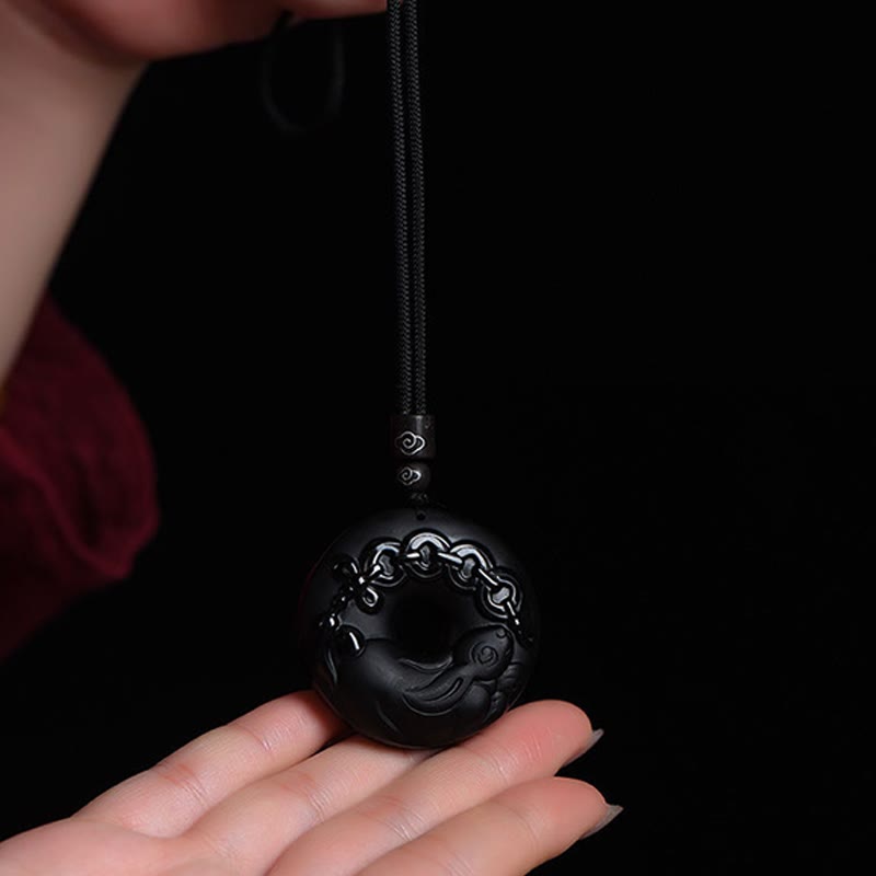 KarmaRipple's Chinese Zodiac Authentic Black Obsidian Peace Buckle Strength Pendant Necklace p21