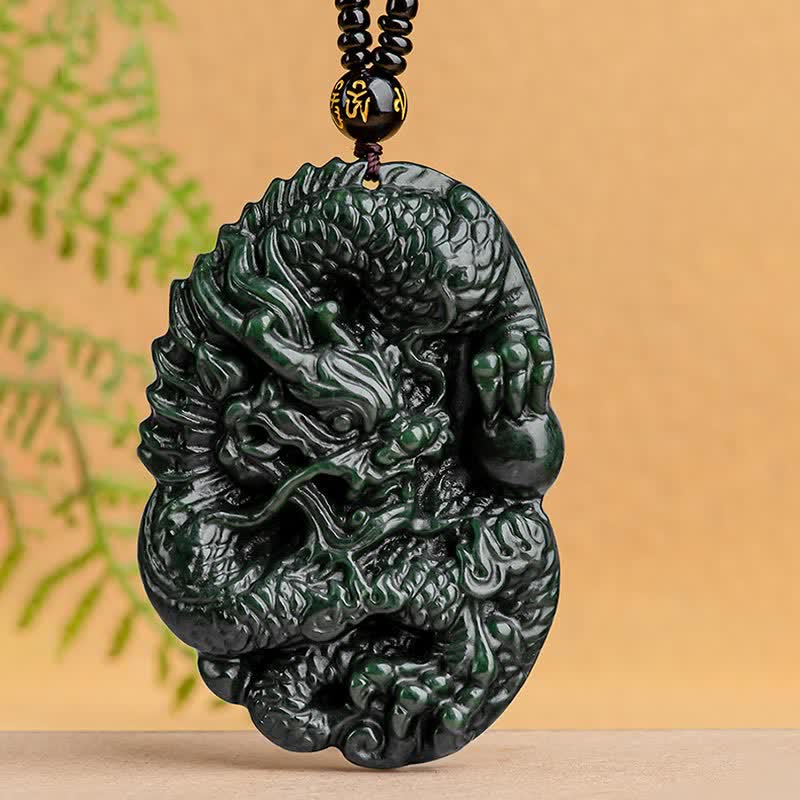 KarmaRipple's Hetian Cyan Jade Dragon Success Balance Pendant Beaded String Necklace p2