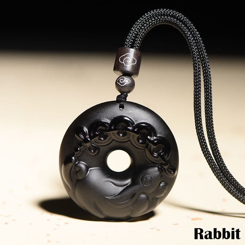 KarmaRipple's Chinese Zodiac Authentic Black Obsidian Peace Buckle Strength Pendant Necklace p13
