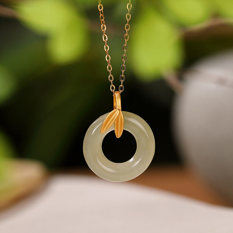 KarmaRipple's 925 Sterling Silver Cyan Jade Peace Buckle Bamboo Leaf Balance Pendant Necklace p2