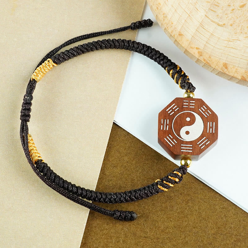 KarmaRipple's Small Leaf Red Sandalwood Jujube Wood Ebony Wood Silver Inlaid Yin Yang Bagua Big Dipper Protection Bracelet p11
