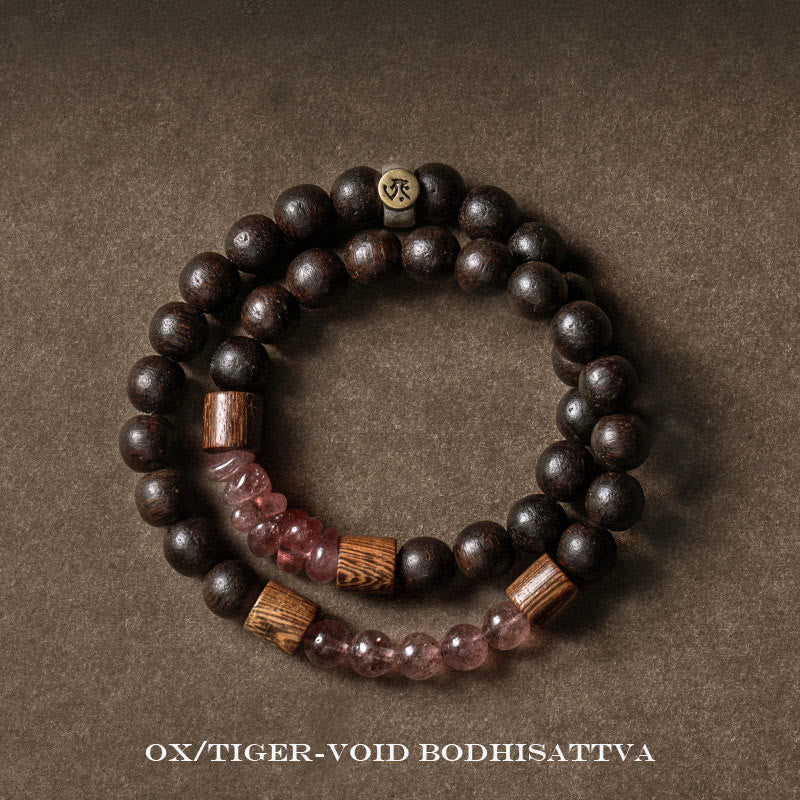 KarmaRipple's 925 Sterling Silver Chinese Zodiac Natal Buddha Agarwood Strawberry Quartz Peace Double Wrap Bracelet p32