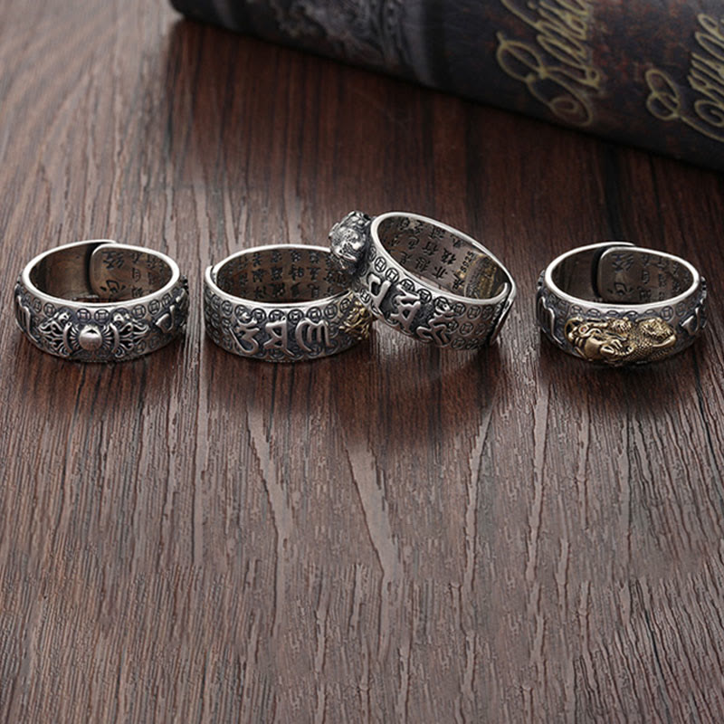 KarmaRipple's Tibetan 990 Sterling Silver Om Mani Padme Hum PiXiu Dorje Vajra Heart Sutra Engraved Wealth Ring p19