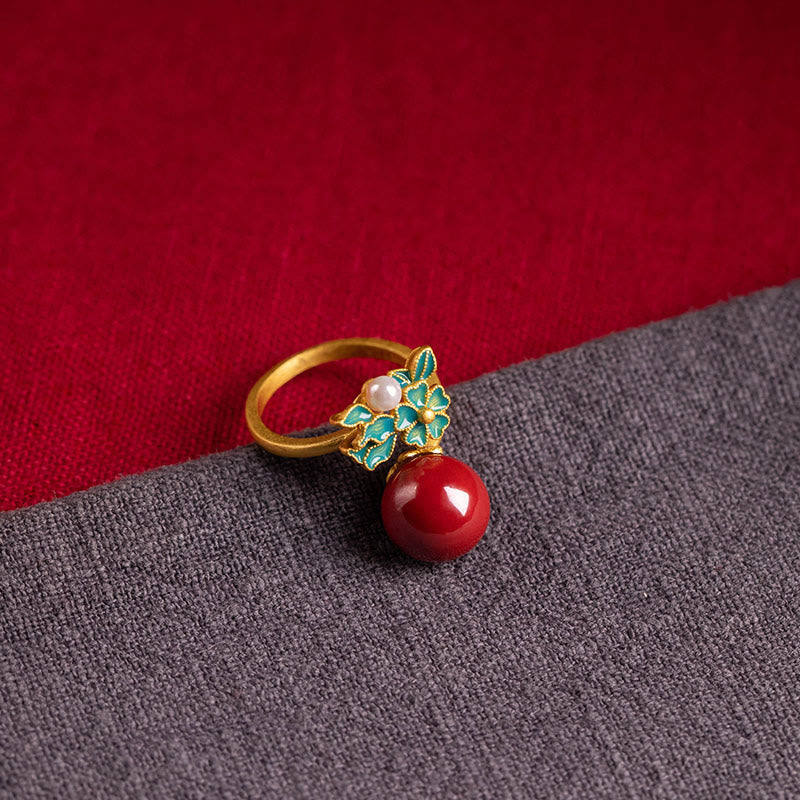 KarmaRipple's 925 Sterling Silver Plated Gold Cinnabar Pearl Flower Blessing Pendant Necklace Earrings Ring Set p3