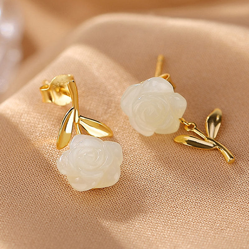 KarmaRipple's 925 Sterling Silver Plated Gold Jade Rose Flower Cyan Jade Pearl Fortune Earrings p4