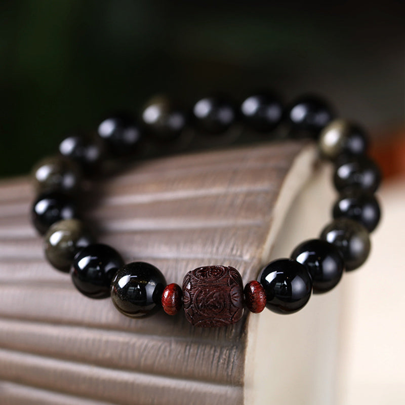 KarmaRipple's Authentic Gold Sheen Obsidian Rainbow Obsidian Om Mani Padme Hum Fu Character Balancing Bracelet p2