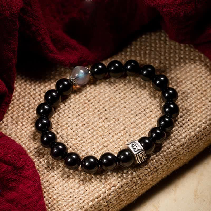 KarmaRipple's Chinese Zodiac Natal Buddha 925 Sterling Silver Black Obsidian Moonstone Strength Bracelet p32
