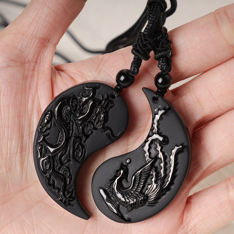 KarmaRipple's Black Obsidian Yin Yang Dragon Phoenix Fortune Pendant Necklace p5