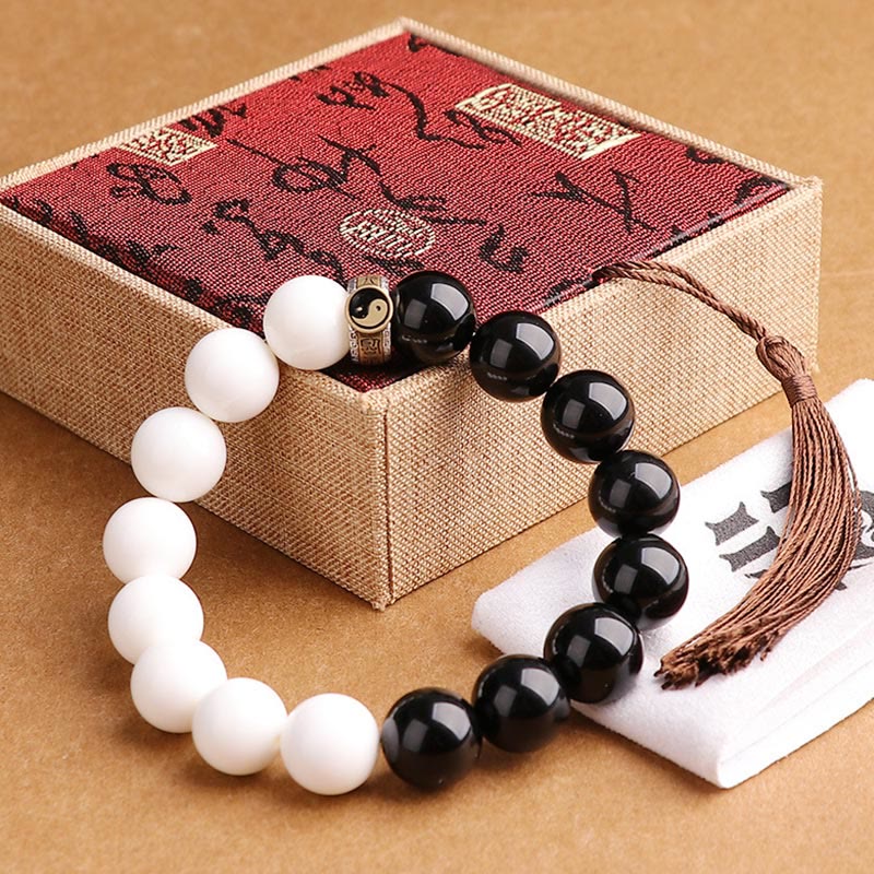 KarmaRipple's 925 Sterling Silver Black Obsidian Ivory Shell Yin Yang Strength Bracelet p6
