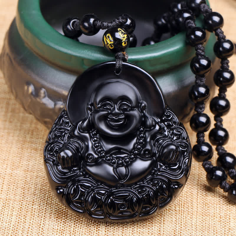 KarmaRipple's Laughing Buddha Black Obsidian Strength Protection Necklace Pendant p9
