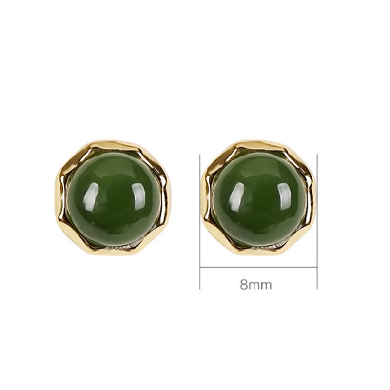 KarmaRipple's 925 Sterling Silver Plated Gold Authentic Hetian Cyan Jade Bead Fortune Stud Earrings p8