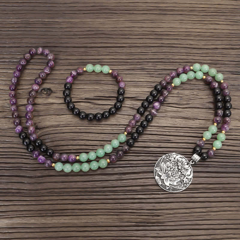 KarmaRipple's 108 Mala Beadwork Amethyst Green Aventurine Lotus Meditation Bracelet p11