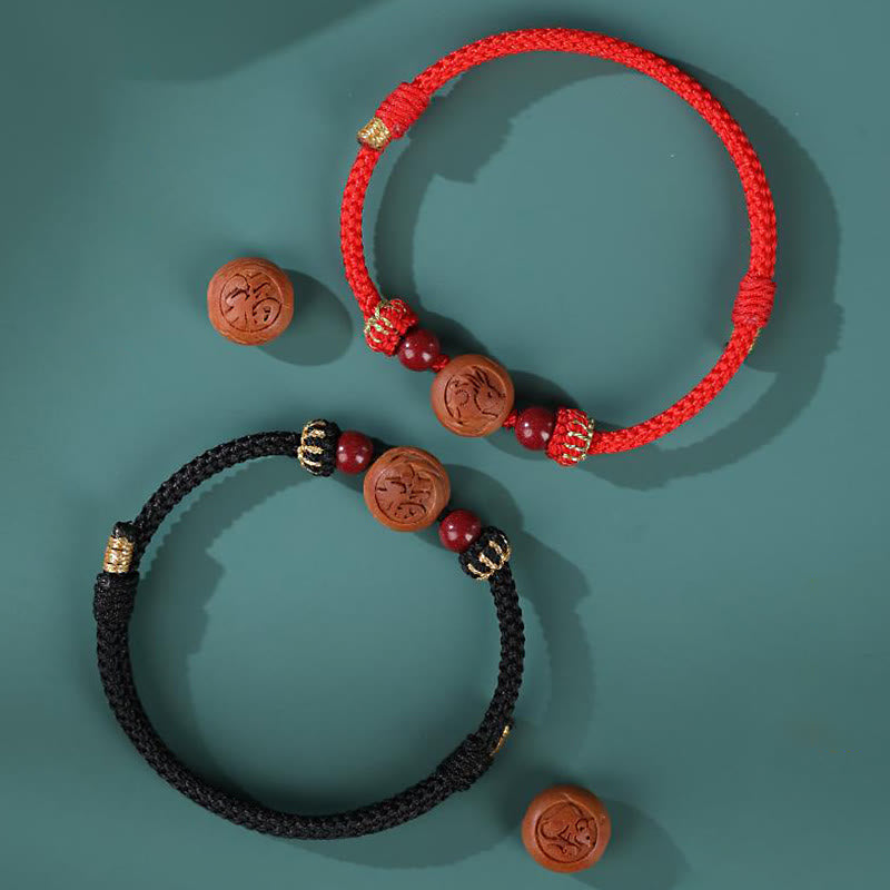 KarmaRipple's Authentic Peach Wood Chinese Zodiac Fu Character Carved Cinnabar Wealth Bracelet p22