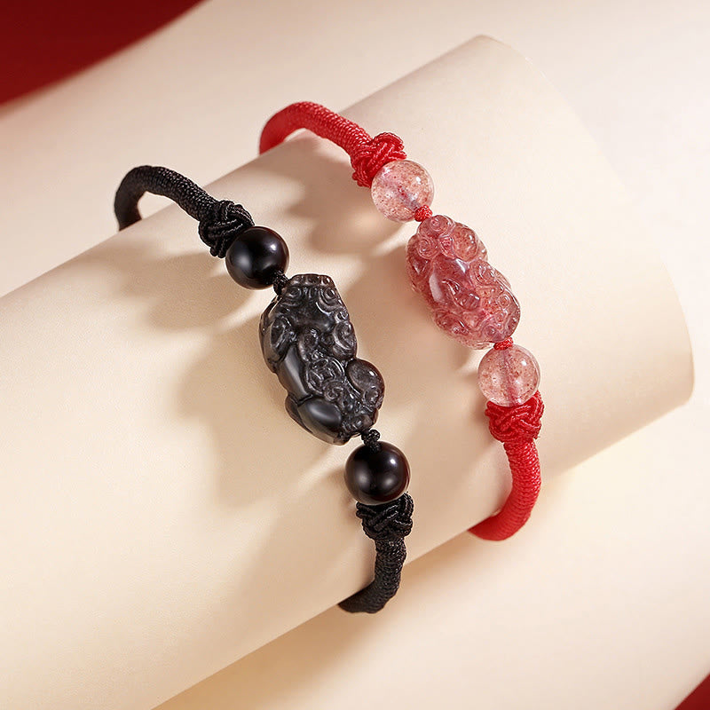 KarmaRipple's Handmade Authentic Silver Sheen Obsidian Strawberry Quartz PiXiu Protection Woven Bracelet p3
