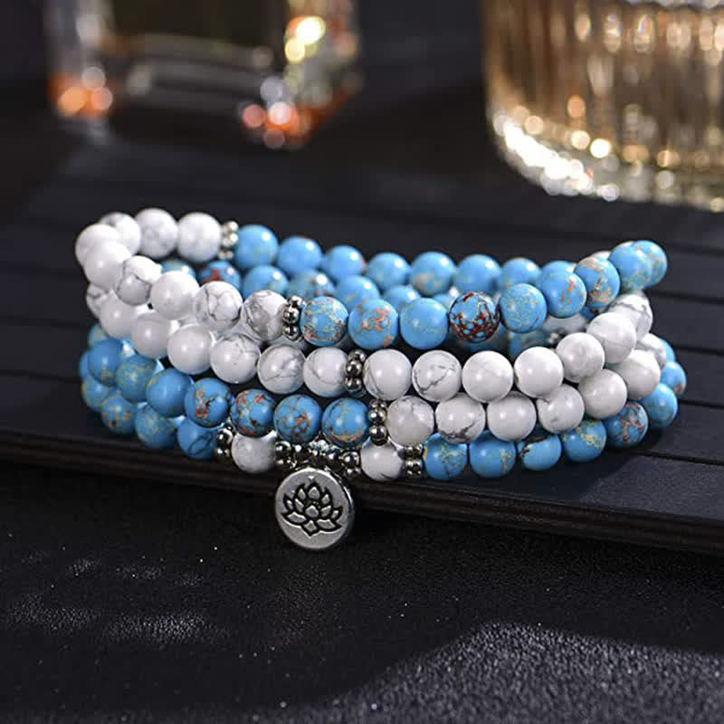 KarmaRipple's 108 Mala Beadwork Ivory Turquoise Emperor Stone Lotus Blessing Bracelet p2