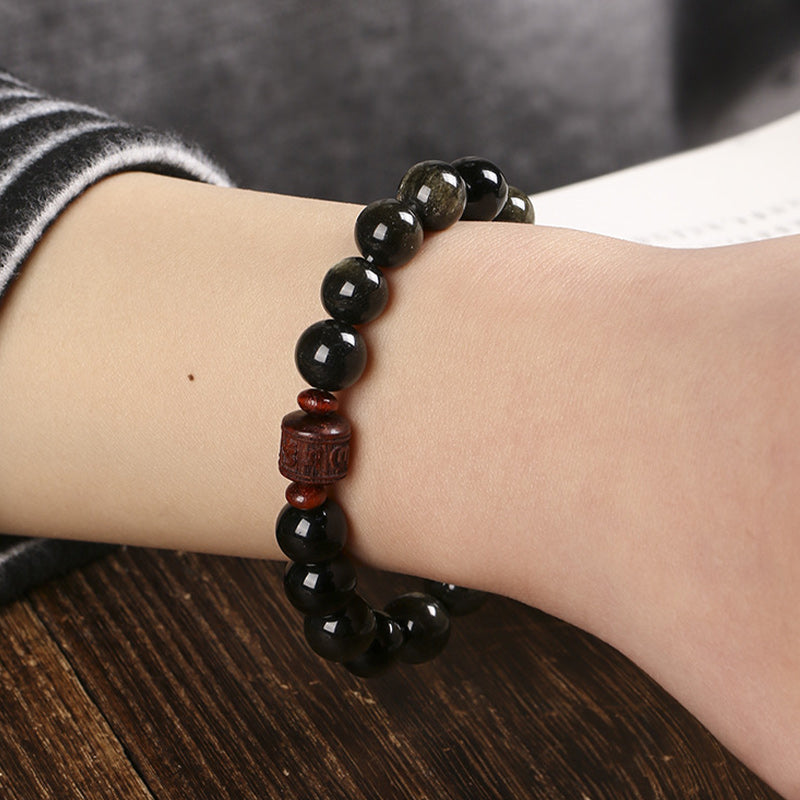 KarmaRipple's Authentic Gold Sheen Obsidian Rainbow Obsidian Om Mani Padme Hum Fu Character Balancing Bracelet p18