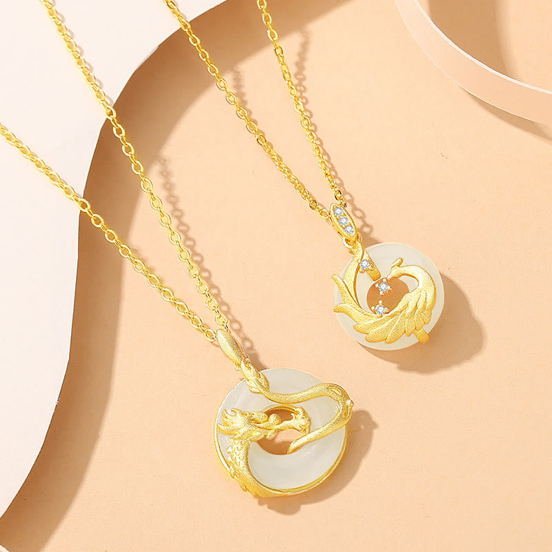 KarmaRipple's 925 Sterling Silver Year of the Dragon Hetian Jade Golden Dragon Phoenix Peace Buckle Fortune Pendant Necklace p4