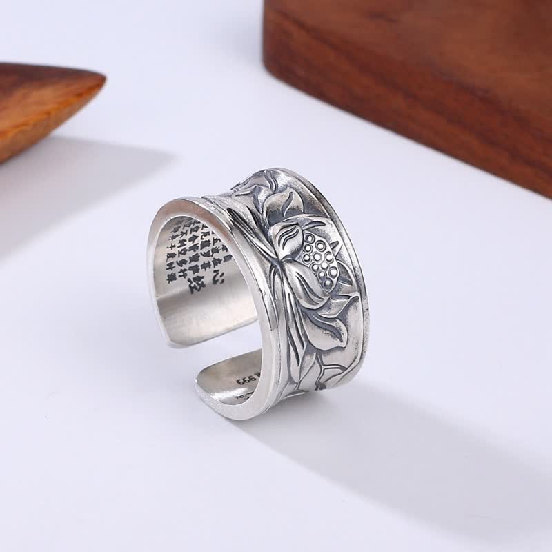 KarmaRipple's 999 Sterling Silver Lotus Flower Heart Sutra Protection Ring p1