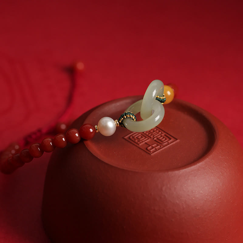 KarmaRipple's Authentic Red Agate Hetian Jade Double Peace Buckle Confidence Bracelet p2