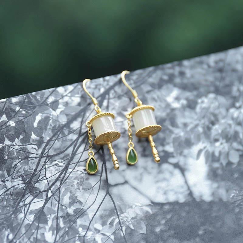 KarmaRipple's 925 Sterling Silver Jade Prayer Wheel Fortune Drop Earrings p6