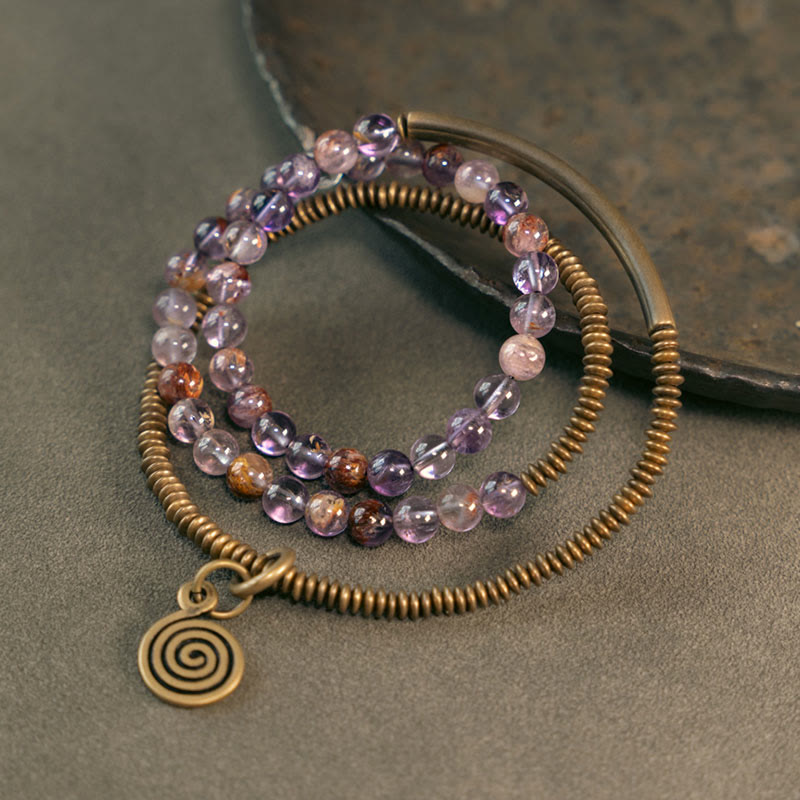 KarmaRipple's Purple Phantom Red Hematoid Quartz Green Rutilated Quartz Bronze Love Forgive Bracelet p1
