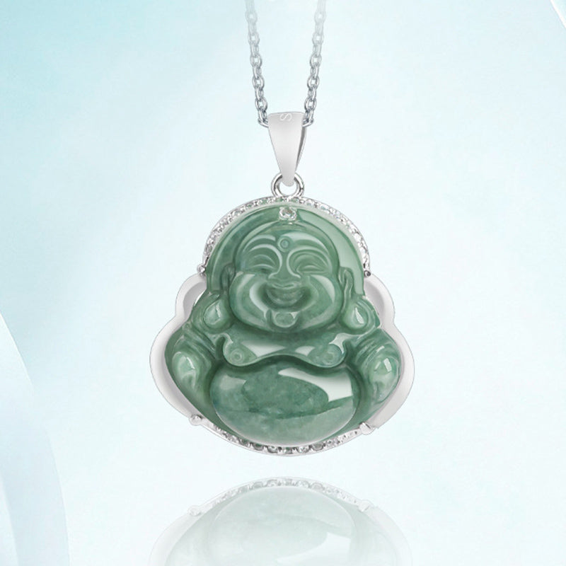 KarmaRipple's 925 Sterling Silver Laughing Buddha Jade Abundance Pendant Chain Necklace p5