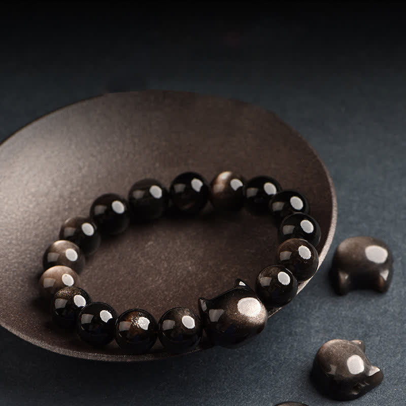 KarmaRipple's Gold Sheen Obsidian Silver Sheen Obsidian Lovely Paw Fortunate Cat Protection Bracelet p30