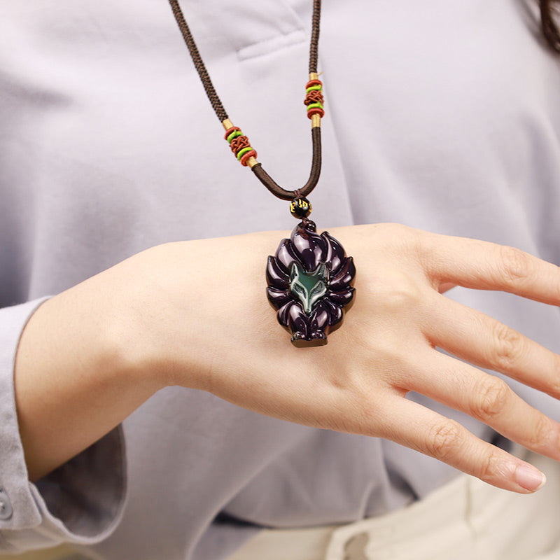 KarmaRipple's Authentic Rainbow Obsidian Gold Sheen Obsidian Nine Tailed Fox Positive Pendant Necklace p11