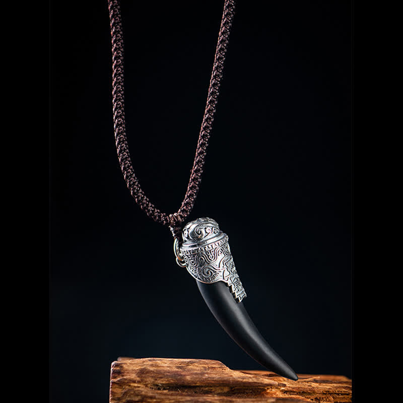 KarmaRipple's 925 Sterling Silver Black Obsidian Wolf Tooth Pattern Strength Pendant Necklace p6