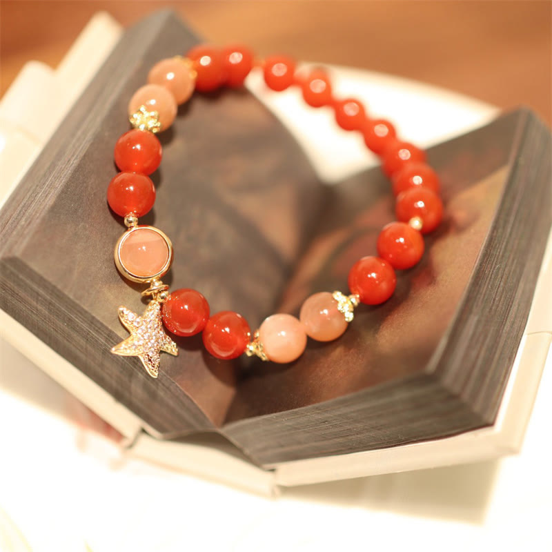 KarmaRipple's Sun Stone Peach Moonstone Red Agate Gemstone Star Wealth Bracelet p1