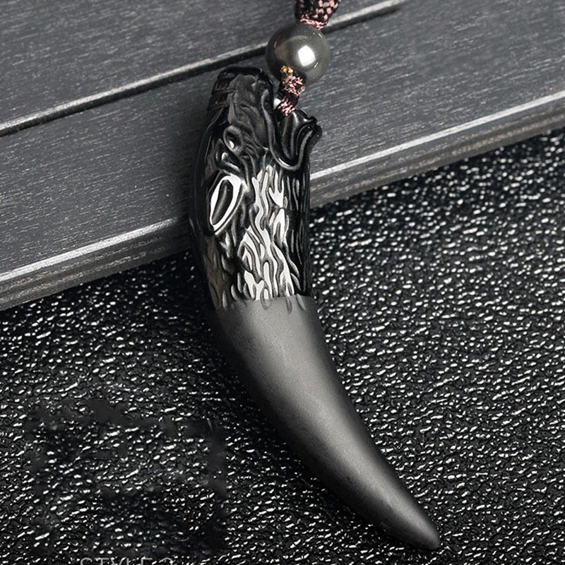 KarmaRipple's Authentic Black Obsidian Ice Obsidian Rainbow Obsidian Wolf Tooth Pattern Strength Pendant Necklace p8