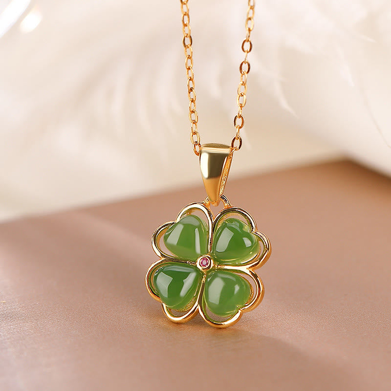 KarmaRipple's 925 Sterling Silver Hetian Cyan Jade Fortunate Four Leaf Clover Balancing Pendant Necklace p13
