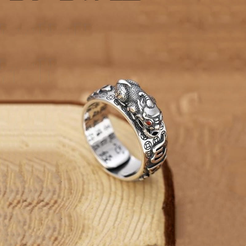 KarmaRipple's Tibetan 990 Sterling Silver Om Mani Padme Hum PiXiu Dorje Vajra Heart Sutra Engraved Wealth Ring p3